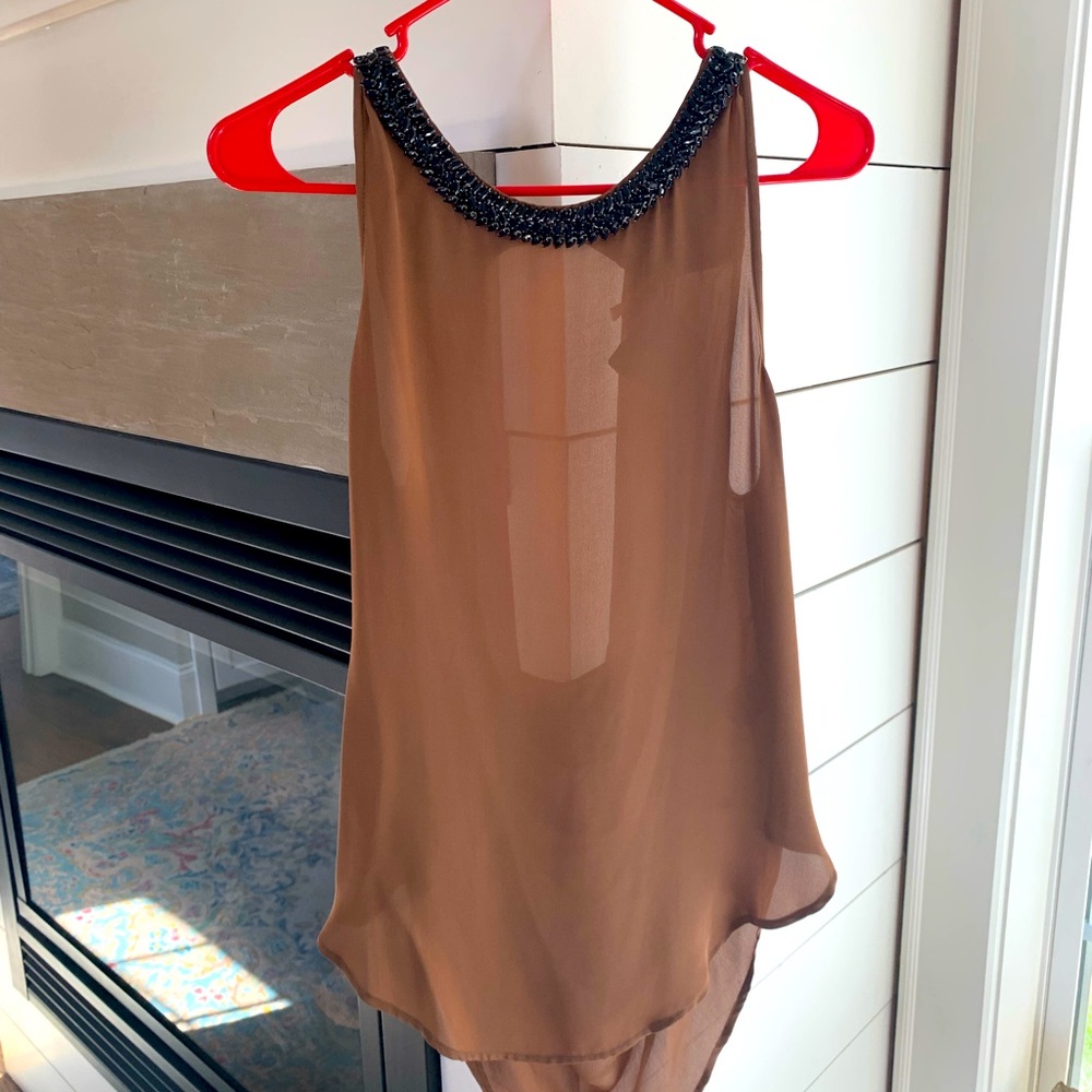 Haute Hippy 100% Silk coffee colored sheer backless blouse. Jeweled collar.